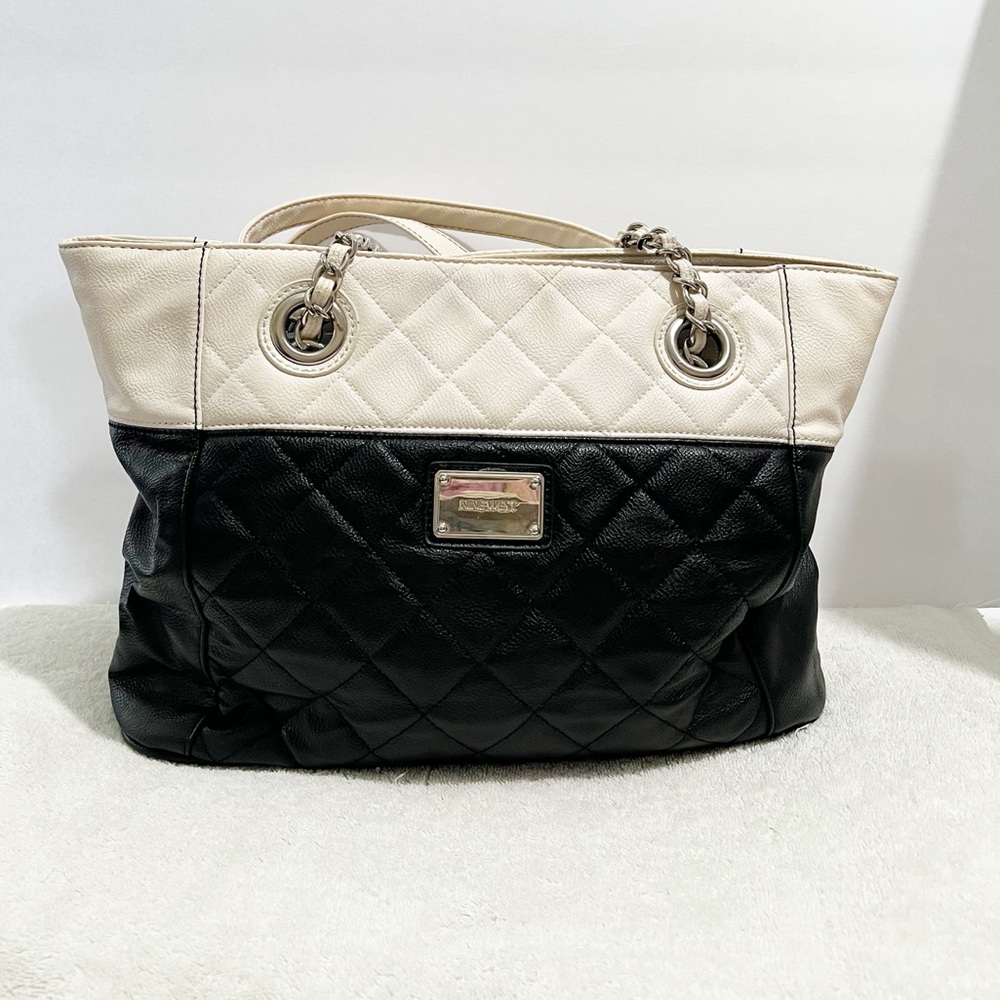 [Nine West] Off White & Black Leather 2 Strap Shoulder Satchel Bag Career Travel